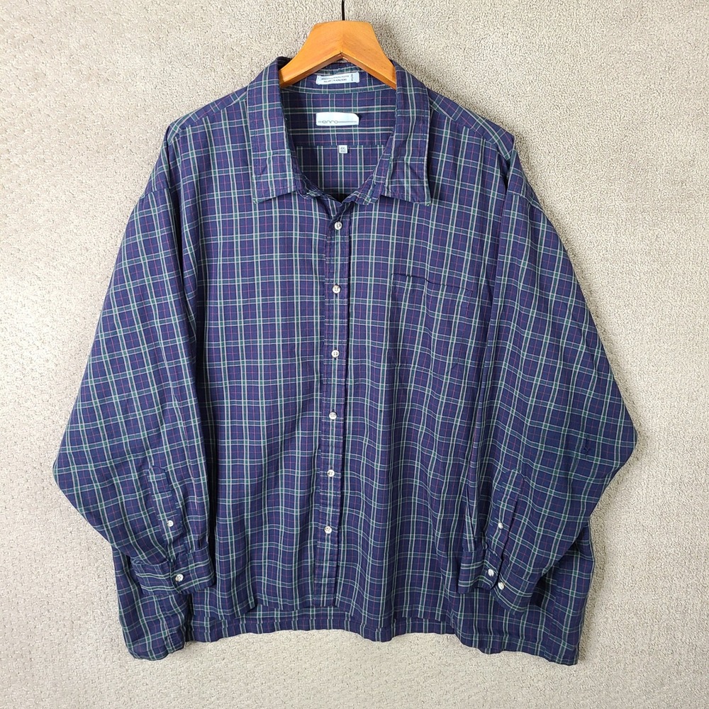 Enro Shirt Mens 4XL Big Blue Green Plaid Button Down Cotton Blend Long Sleeve